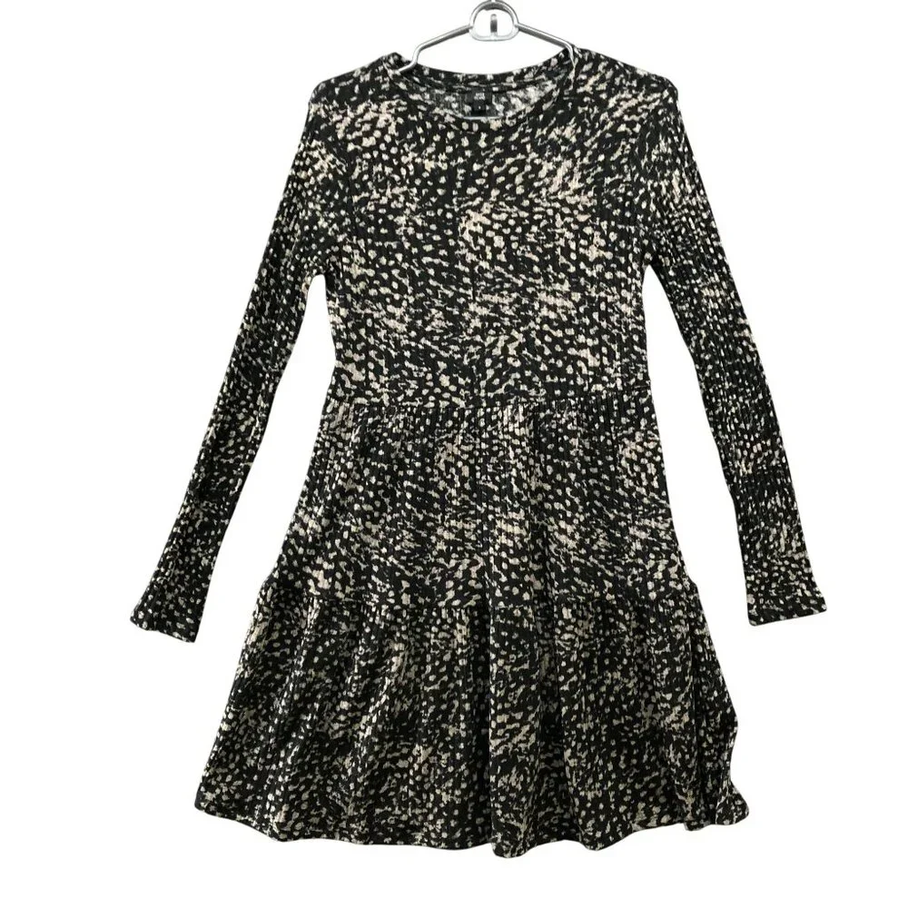 River Island Knit Long Sleeve Dress Size 8 Ribbed Tiered‎ Leopard Print Black